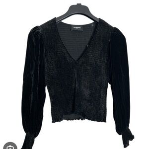 The Kooples Smocked Elegant Black Velvet Blouse